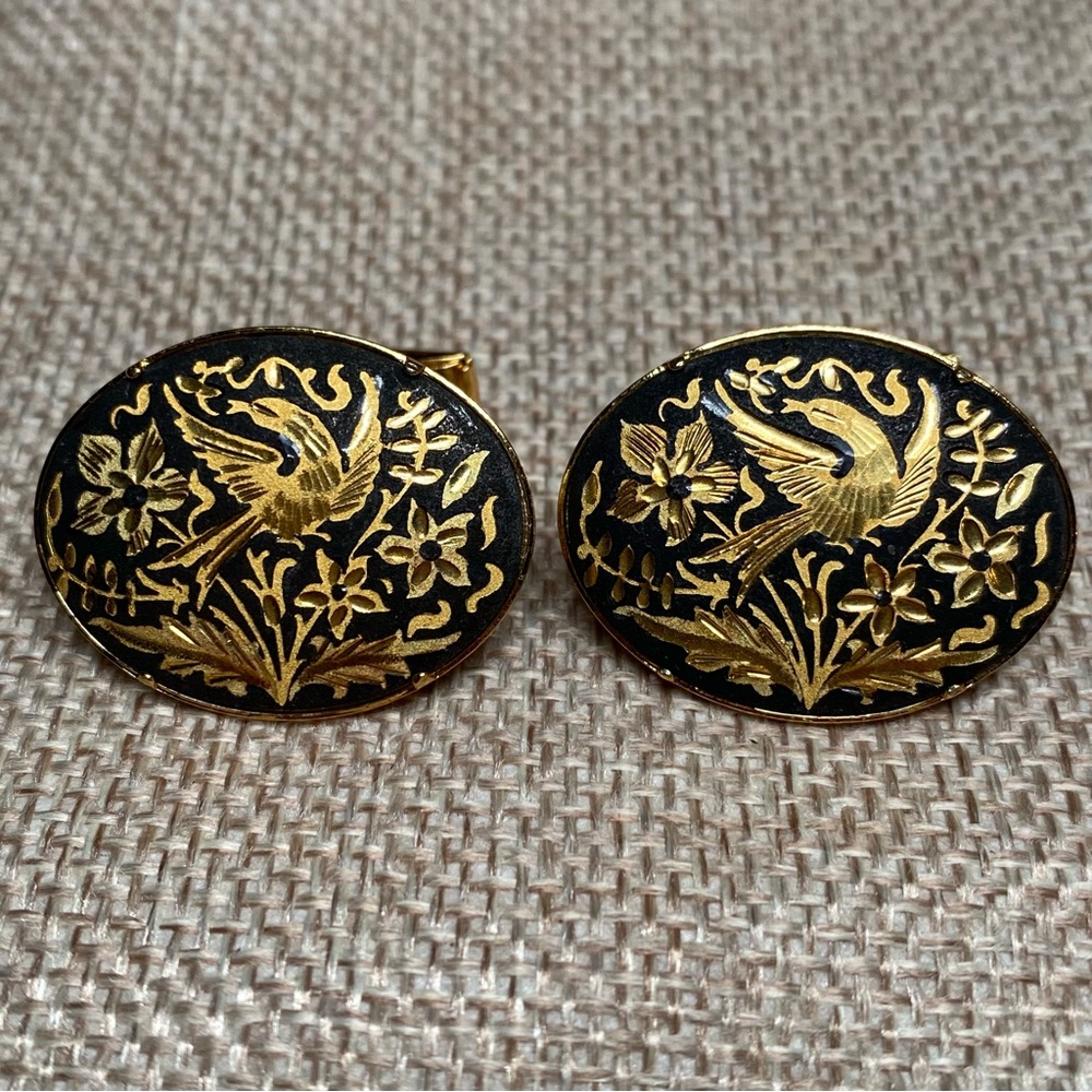 3📚/$25 Elegant Black Cufflinks With Gold Floral Bird Motif